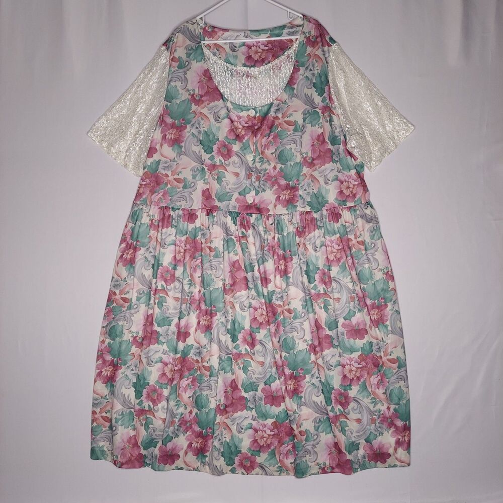 Roamans Vtg A-line Dress 4X Blue Green Floral Short Lace Sleeve Cottage Grandma